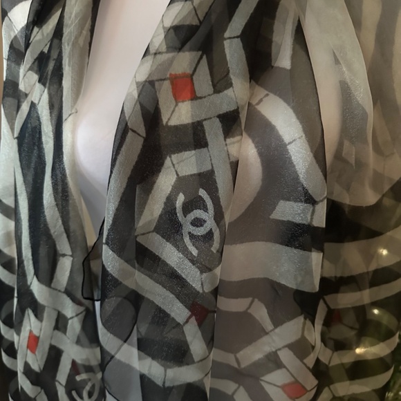 CHANEL Metallic Black & Cream Print Sheer Silk Scarf in Chanel Gift Box - Picture 12 of 16